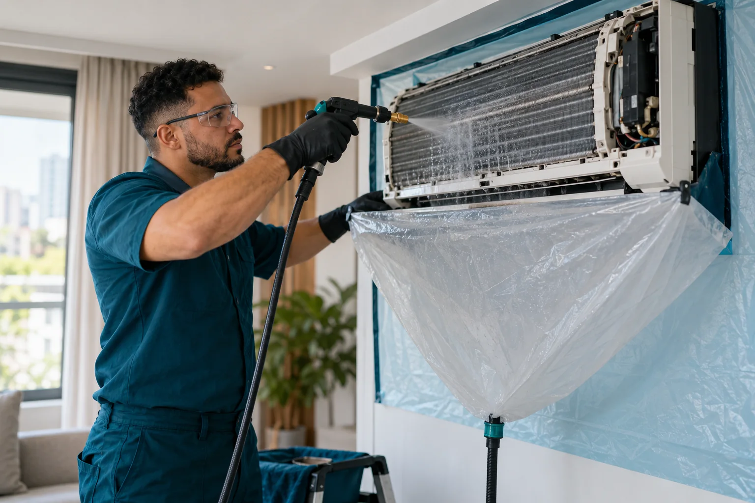 Técnico limpando a serpentina de um split com bolsa coletora instalada