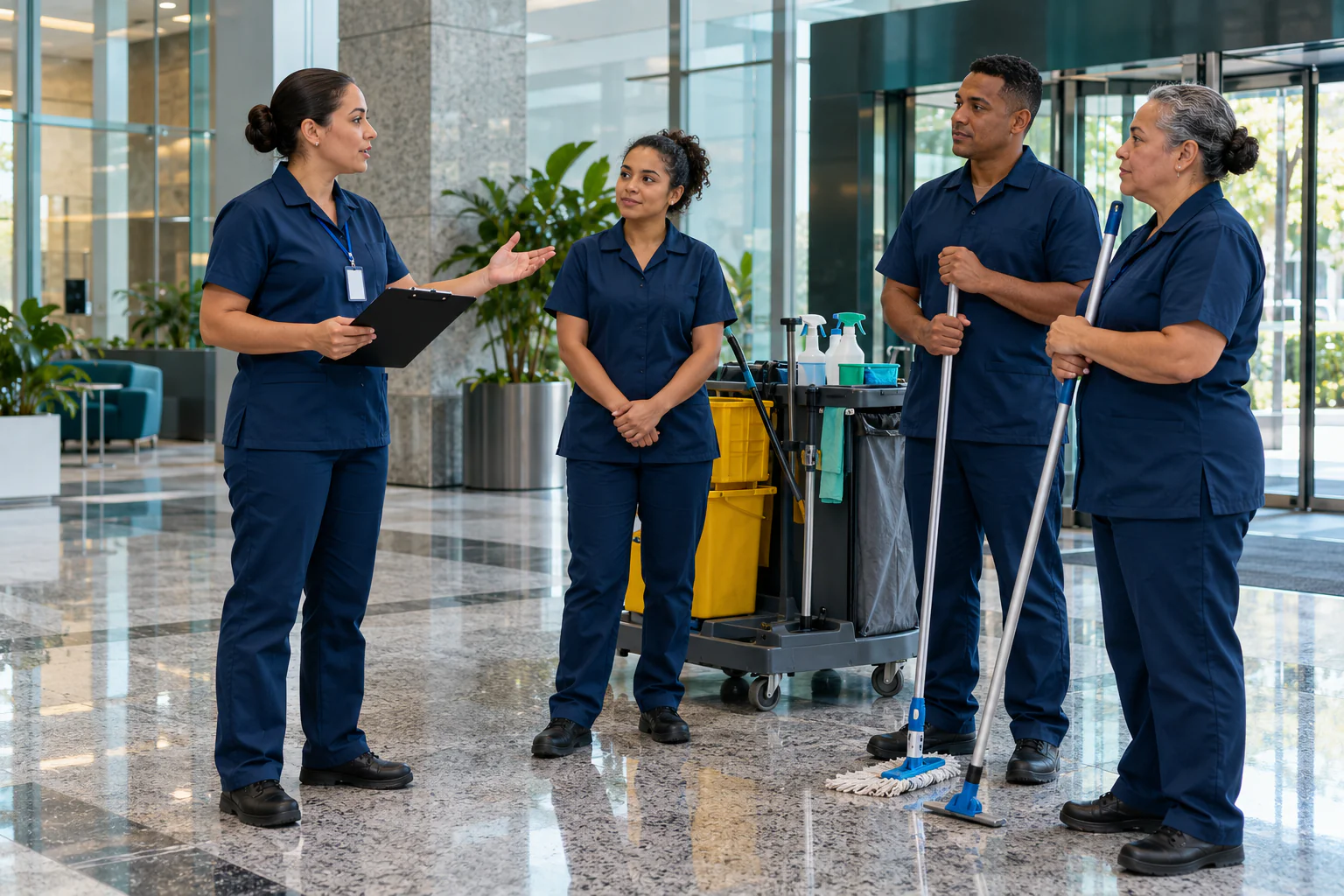 Encarregado de limpeza em uniforme azul-marinho instruindo equipe uniformizada em hall de prédio corporativo