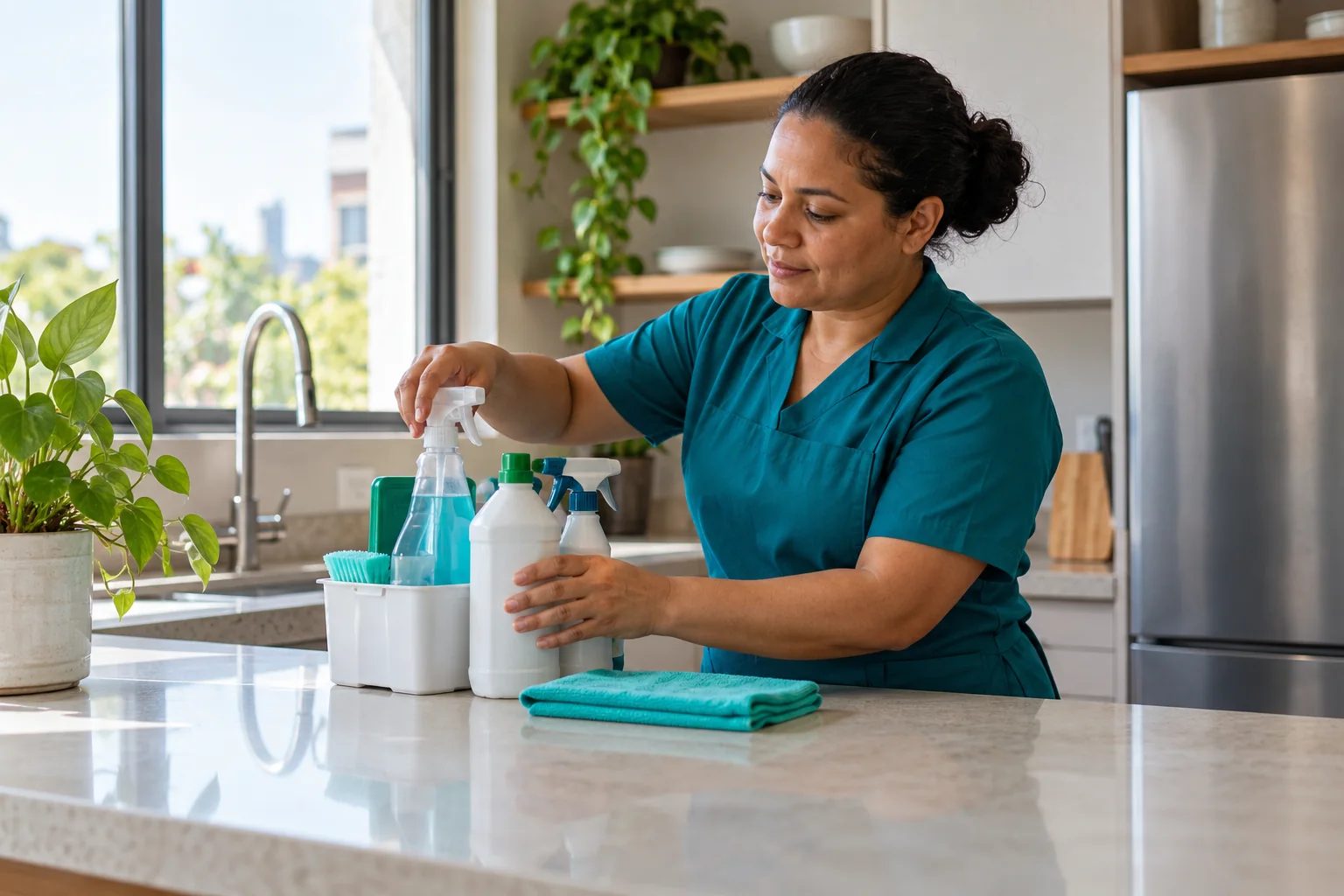 Profissional de limpeza organizando produtos em cozinha residencial clara