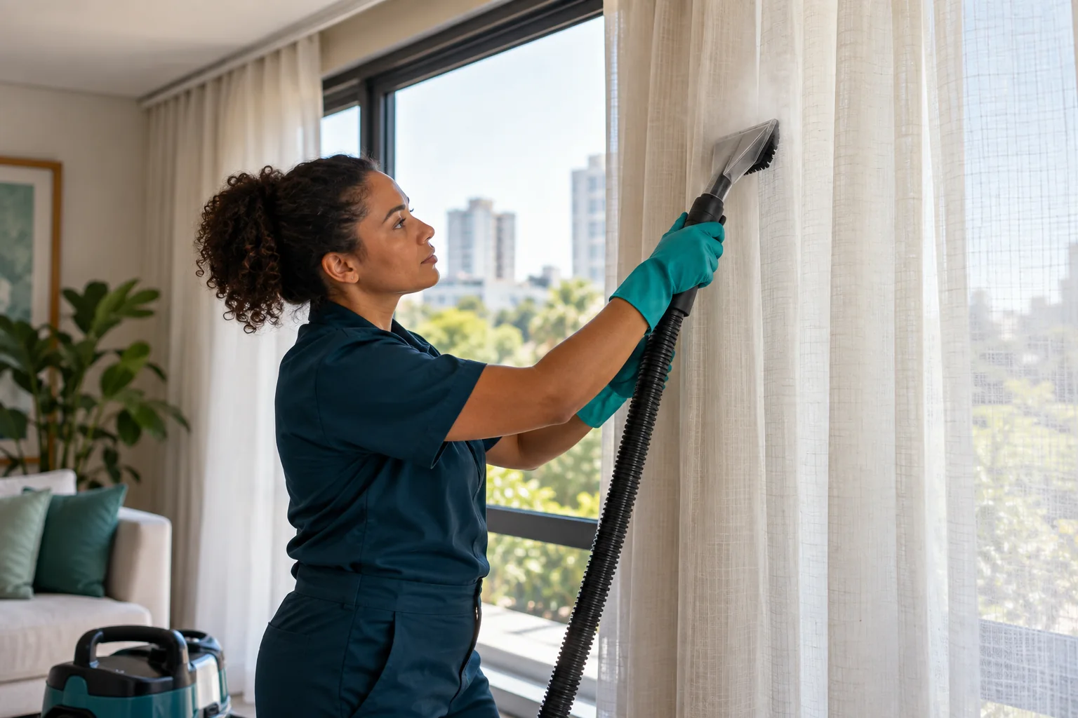 Profissional higienizando cortina sem retirar do trilho