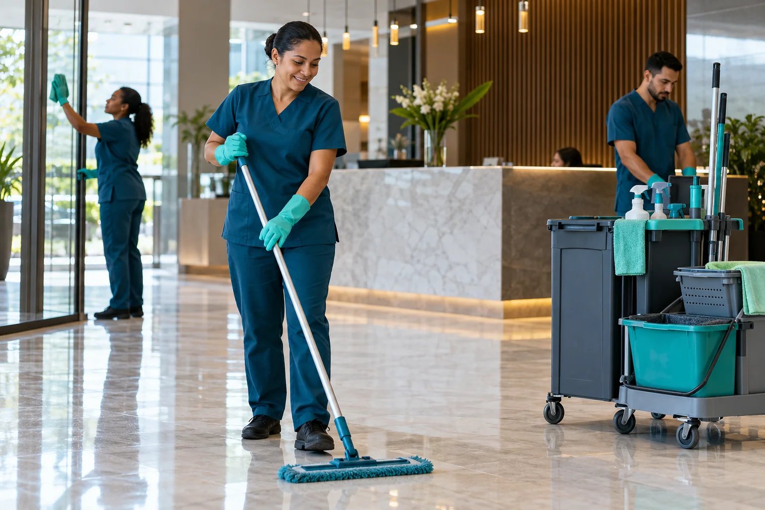 Equipe de limpeza uniformizada em recepção de prédio comercial