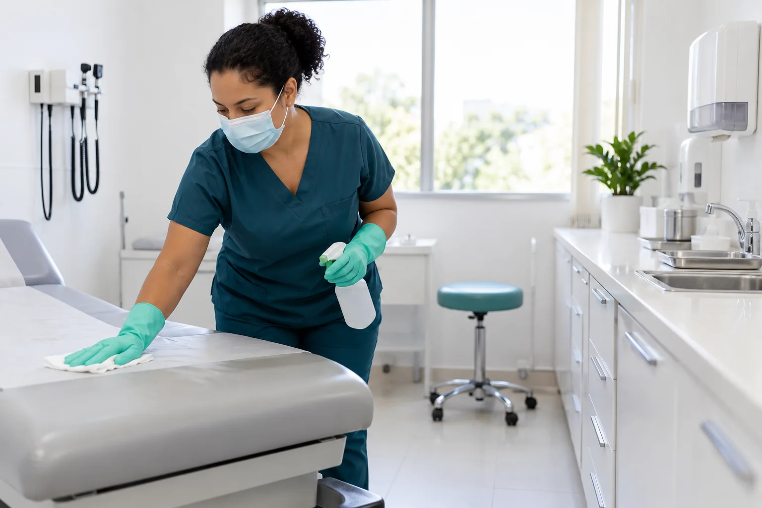 Profissional desinfetando maca e bancada de consultório de clínica