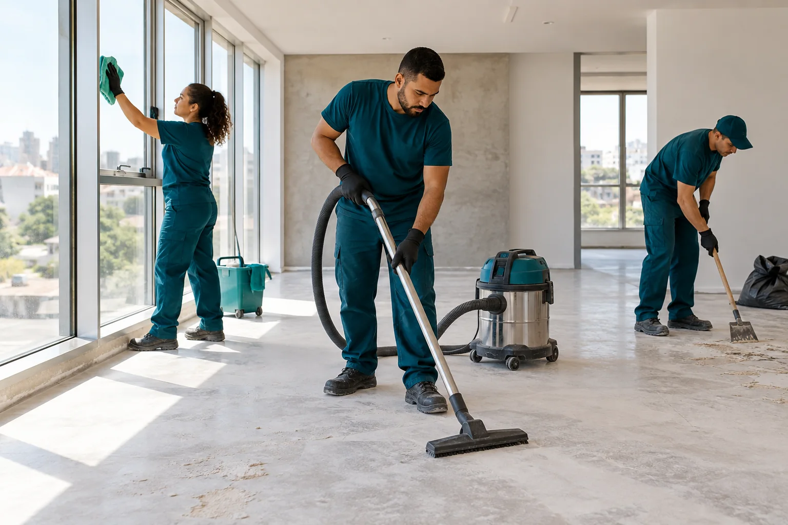 Equipe de limpeza pós-obra trabalhando em sala ampla recém-reformada