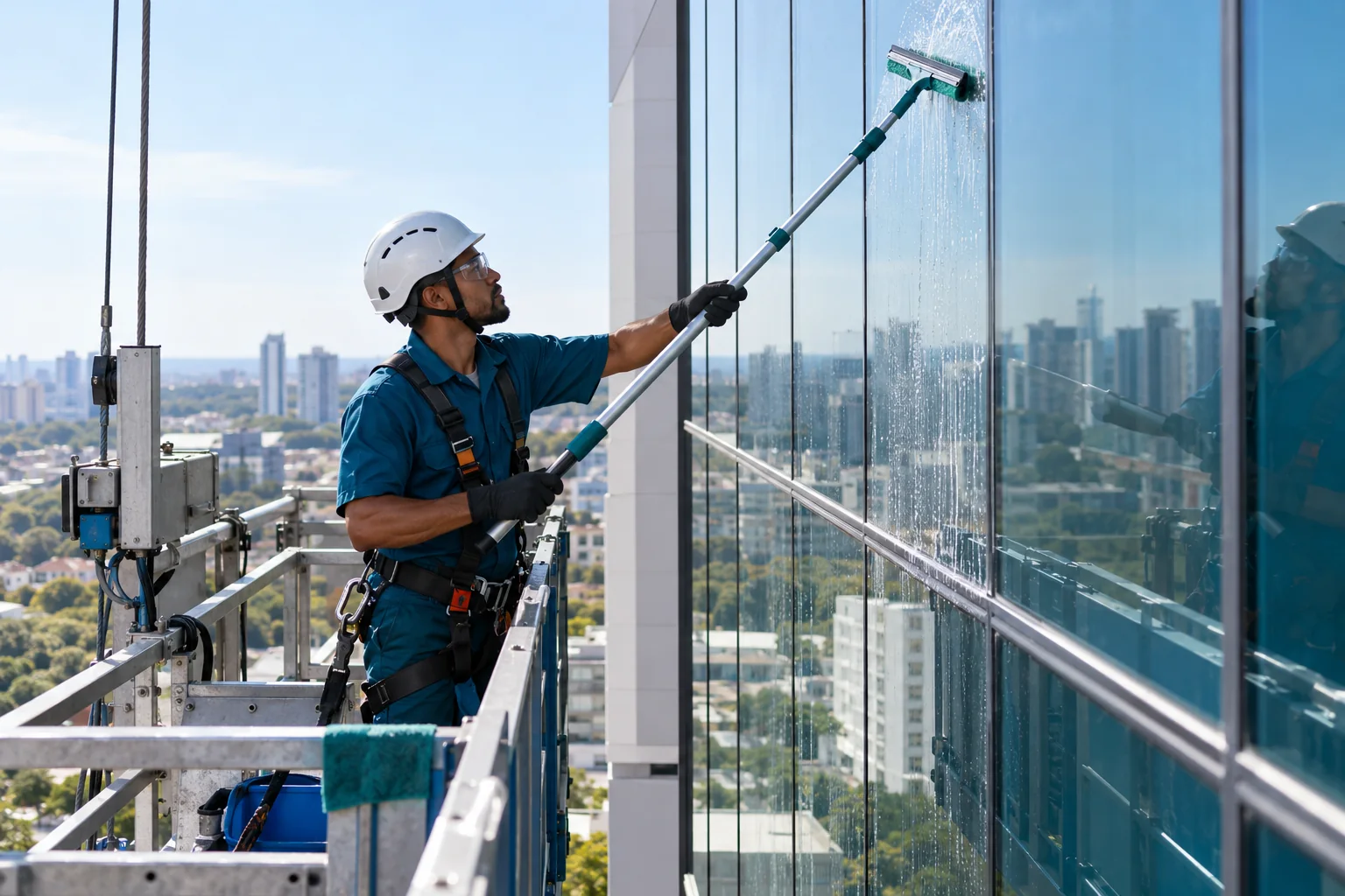 Profissional em balancim limpando fachada envidraçada de prédio