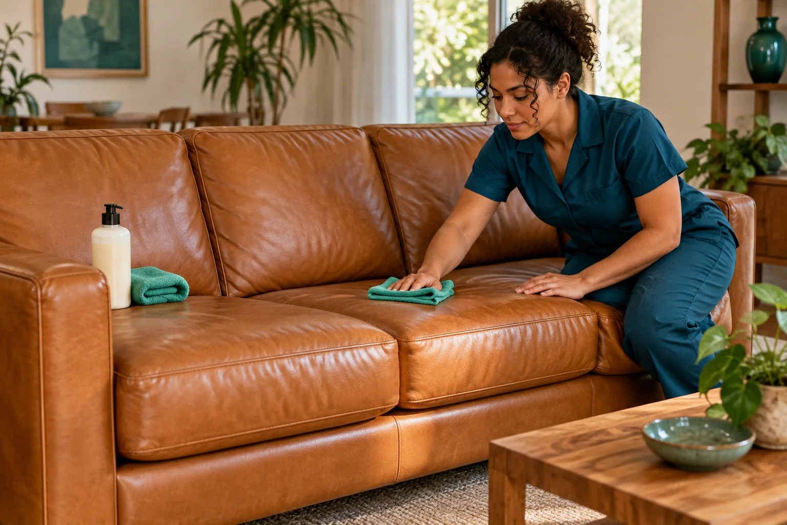 Sofá de couro caramelo em sala com luz natural, com frasco de hidratante e pano ao lado