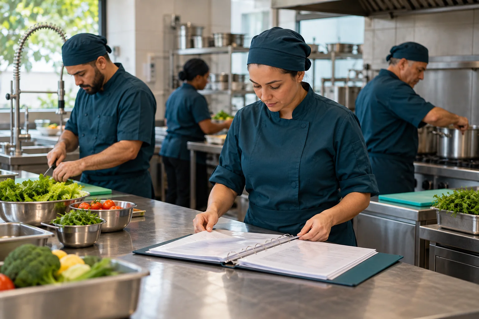 Cozinha profissional de restaurante limpa com bancadas de inox