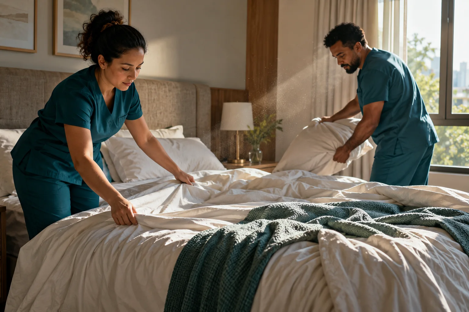Quarto com cama arrumada e luz do sol mostrando partículas de poeira no ar sobre o colchão