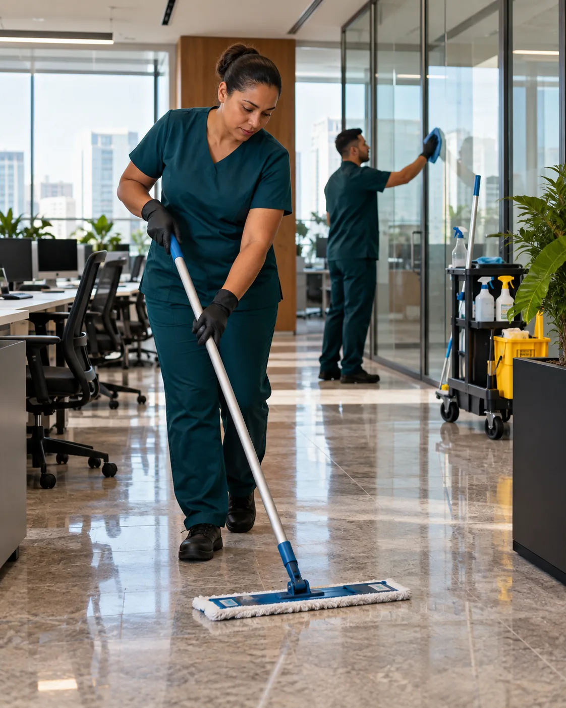 Profissional uniformizada realizando limpeza corporativa