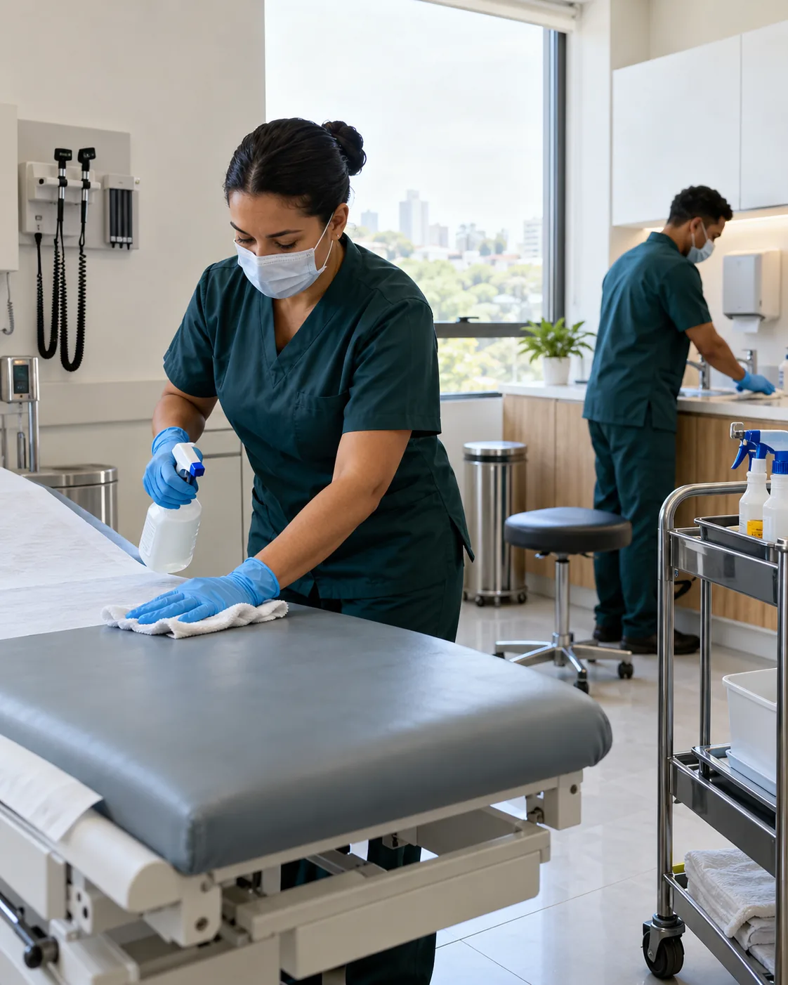 Profissional uniformizada realizando limpeza de clínica médica
