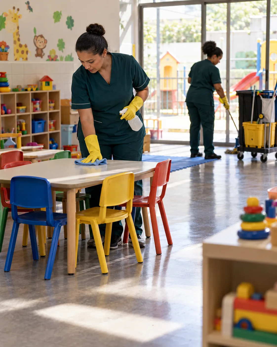 Profissional uniformizada realizando limpeza de creche