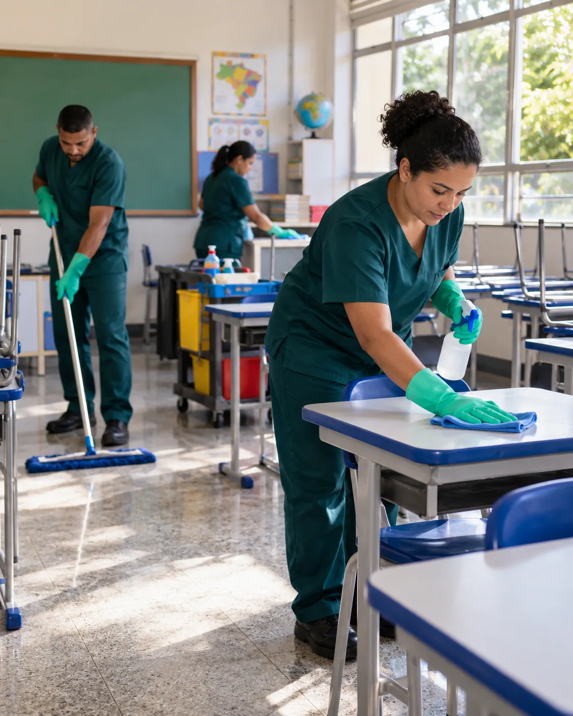 Profissional uniformizada realizando limpeza de escola
