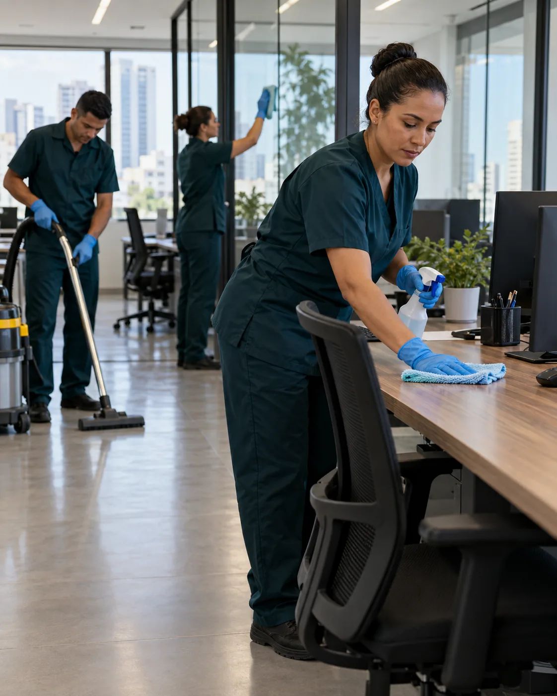 Profissional uniformizada realizando limpeza de escritório