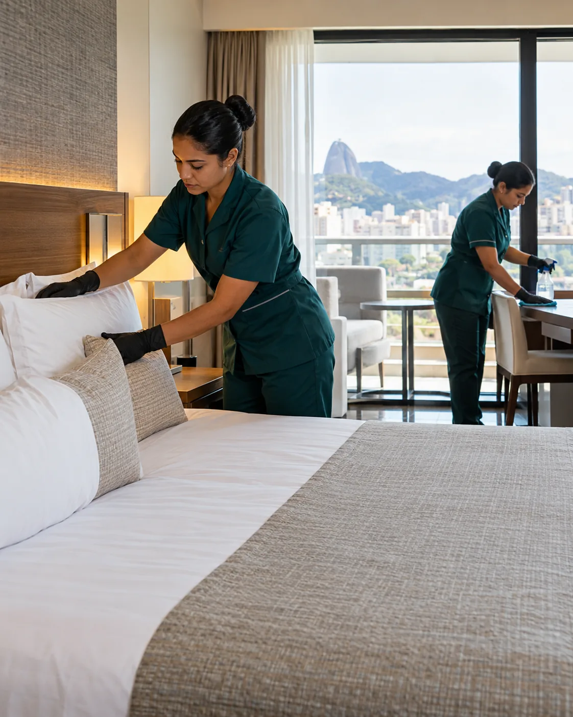Profissional uniformizada realizando limpeza de hotel