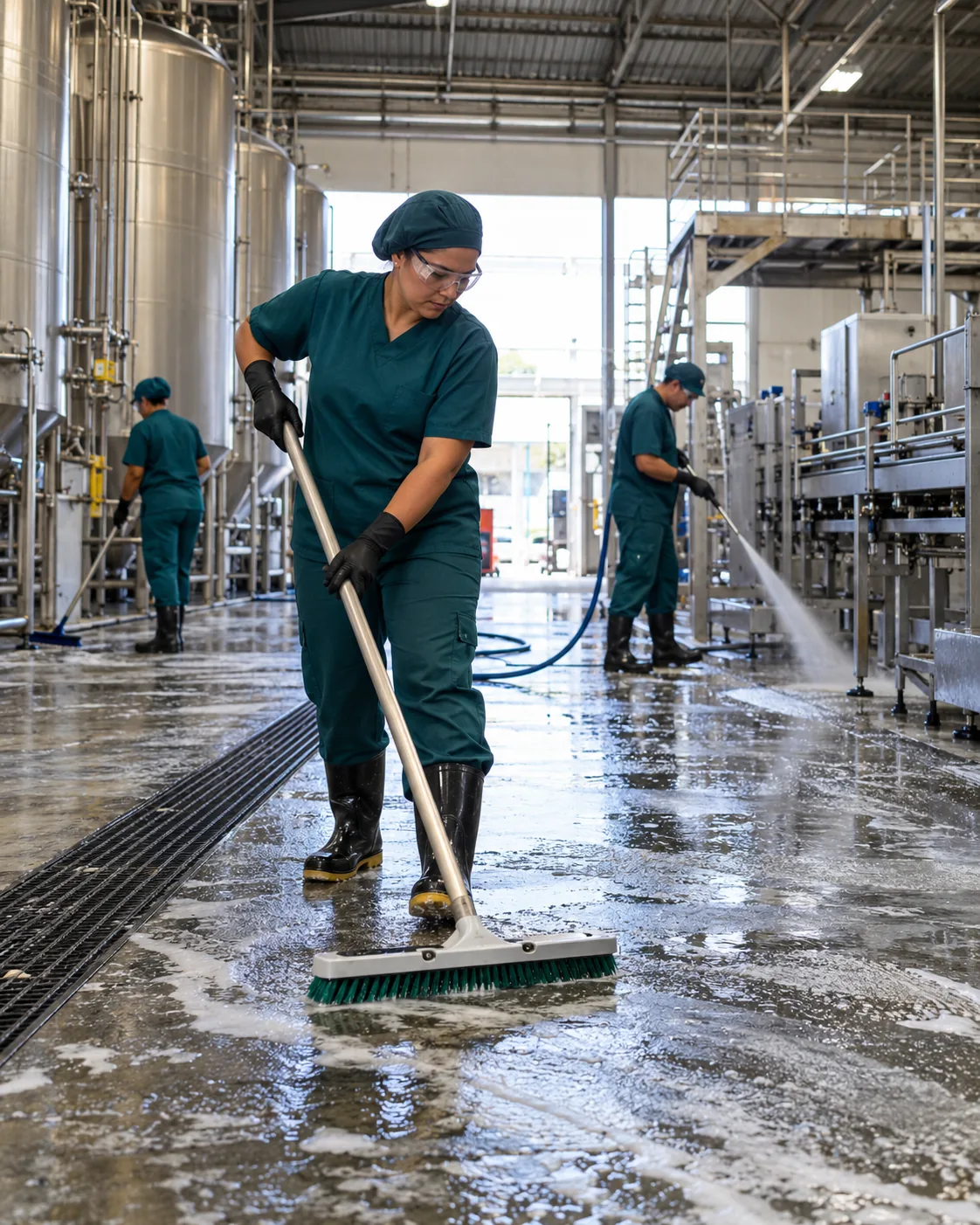 Profissional uniformizada realizando limpeza de indústria
