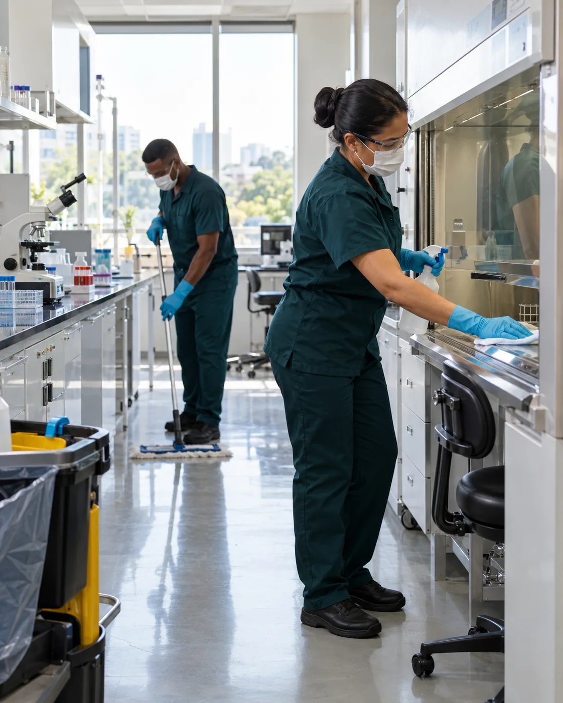 Profissional uniformizada realizando limpeza de laboratório