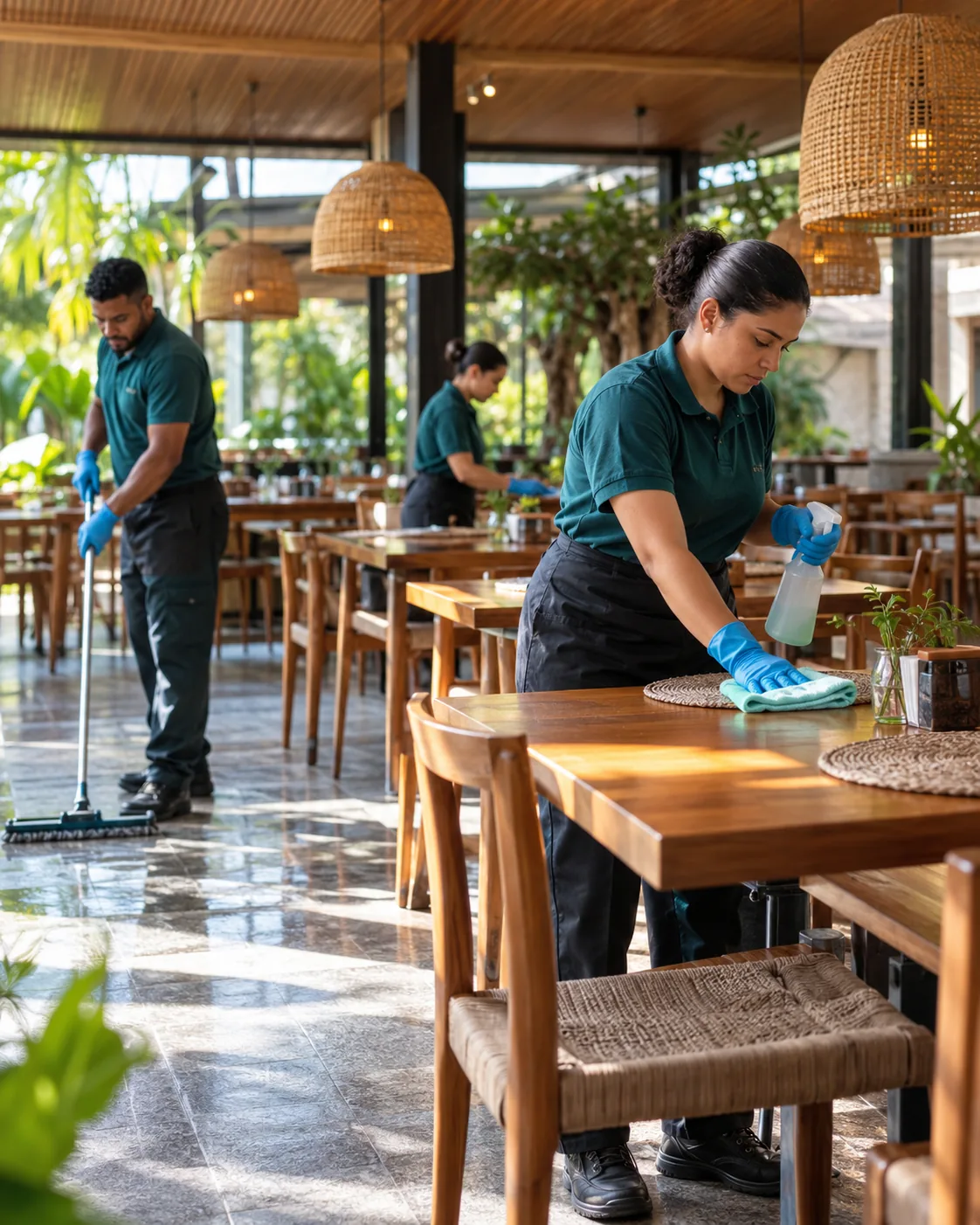Profissional uniformizada realizando limpeza de restaurante