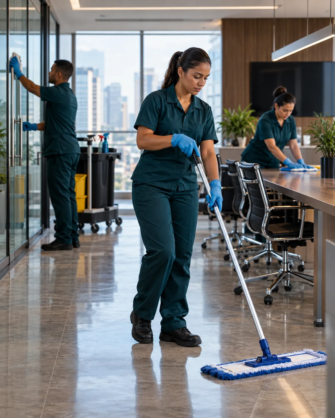 Profissional uniformizada realizando terceirização de limpeza