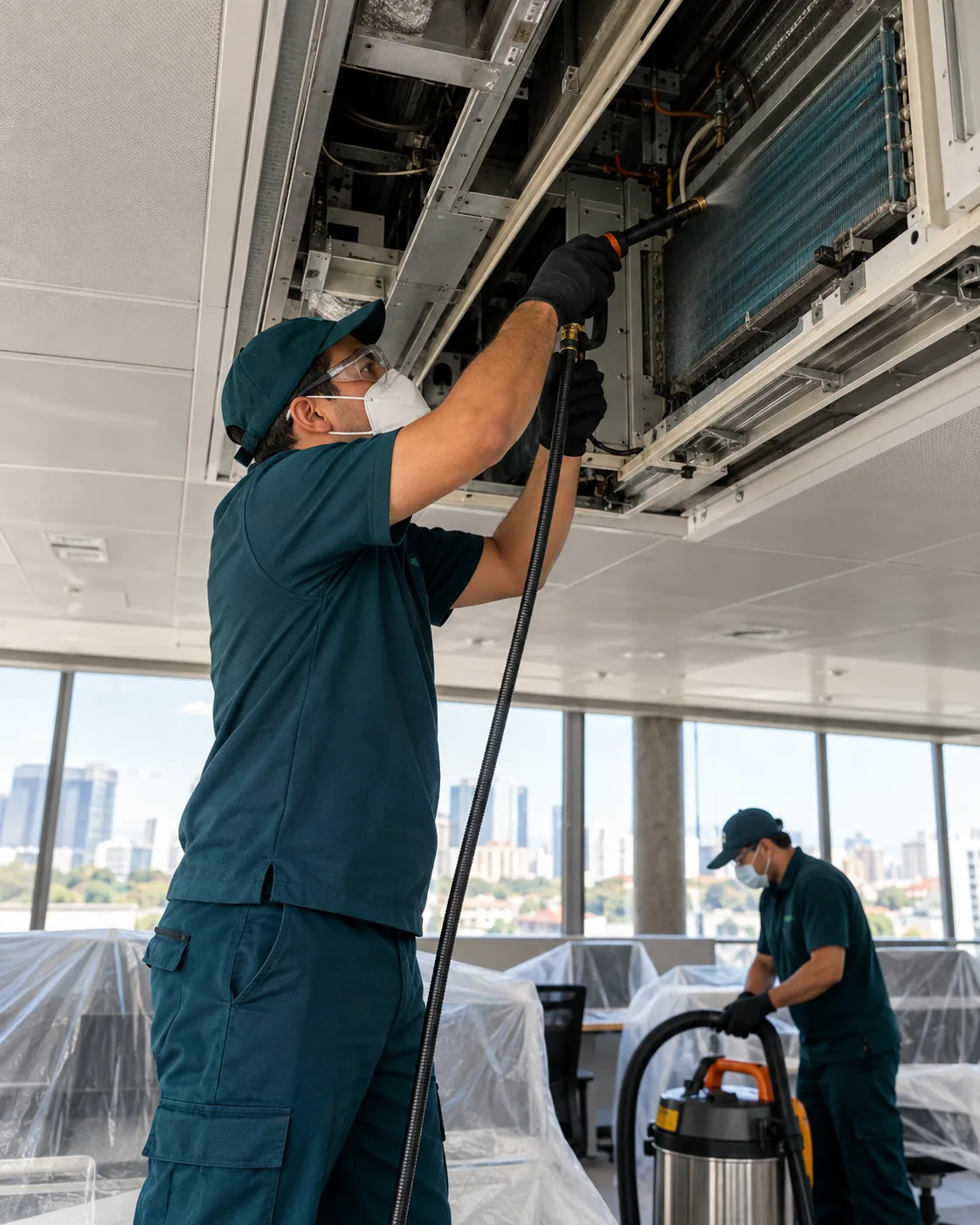 Profissional uniformizada realizando higienização de ar central
