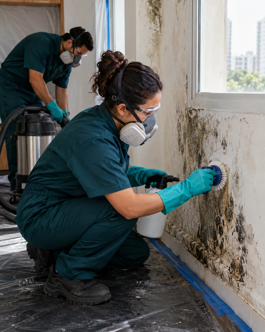 Profissional uniformizada realizando descontaminação por mofo