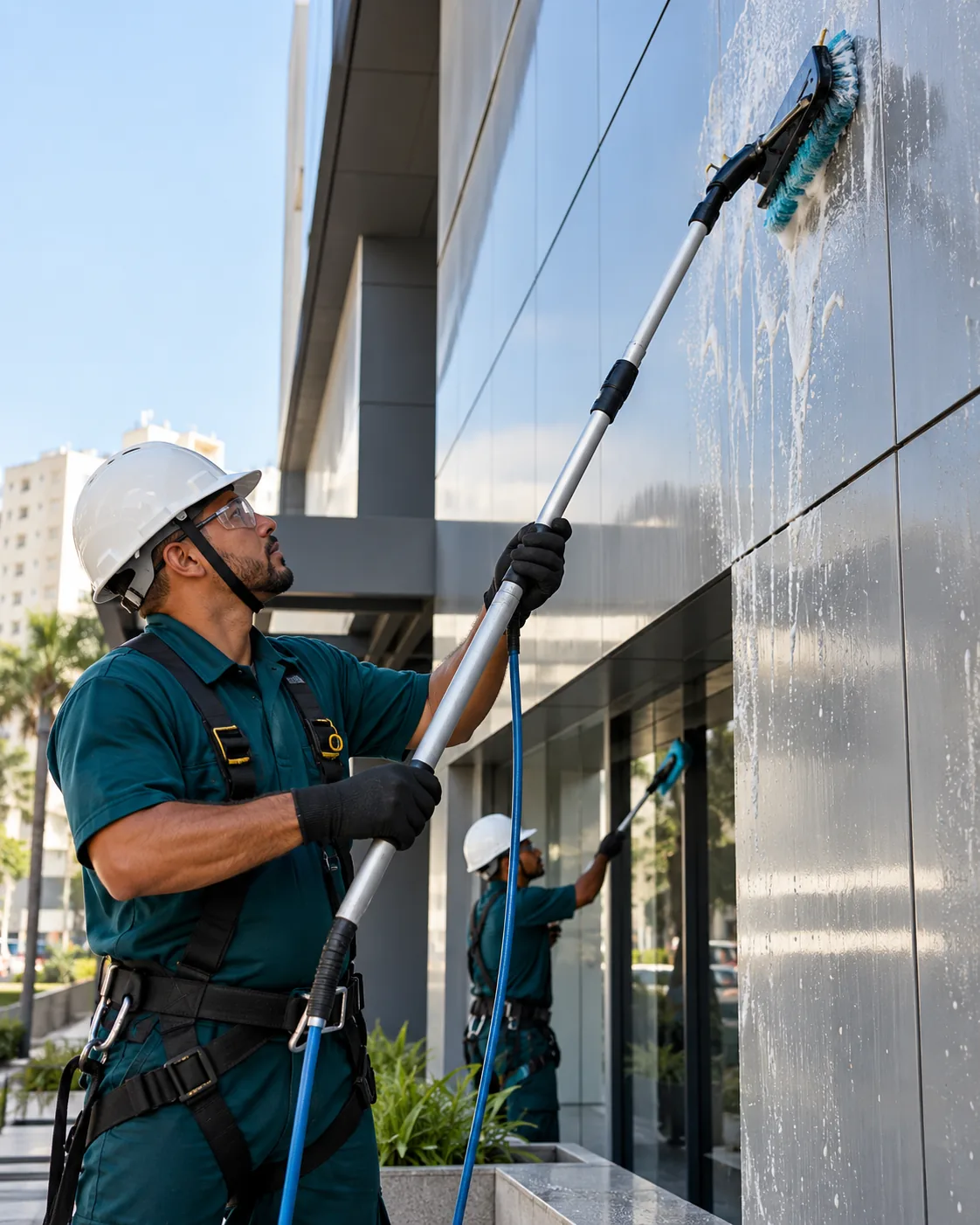 Profissional uniformizada realizando limpeza de fachada em ACM