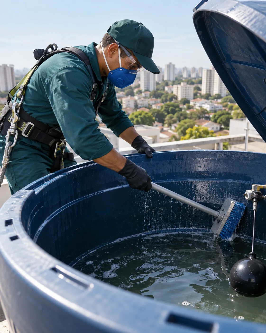 Profissional uniformizada realizando limpeza especializada