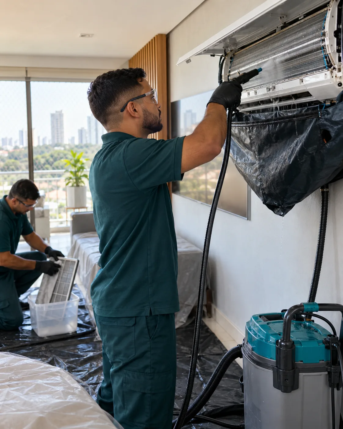 Profissional uniformizada realizando higienização de ar-condicionado