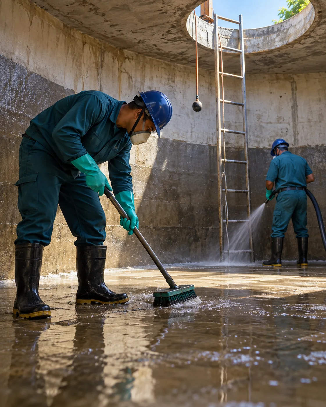 Profissional uniformizada realizando limpeza de cisterna