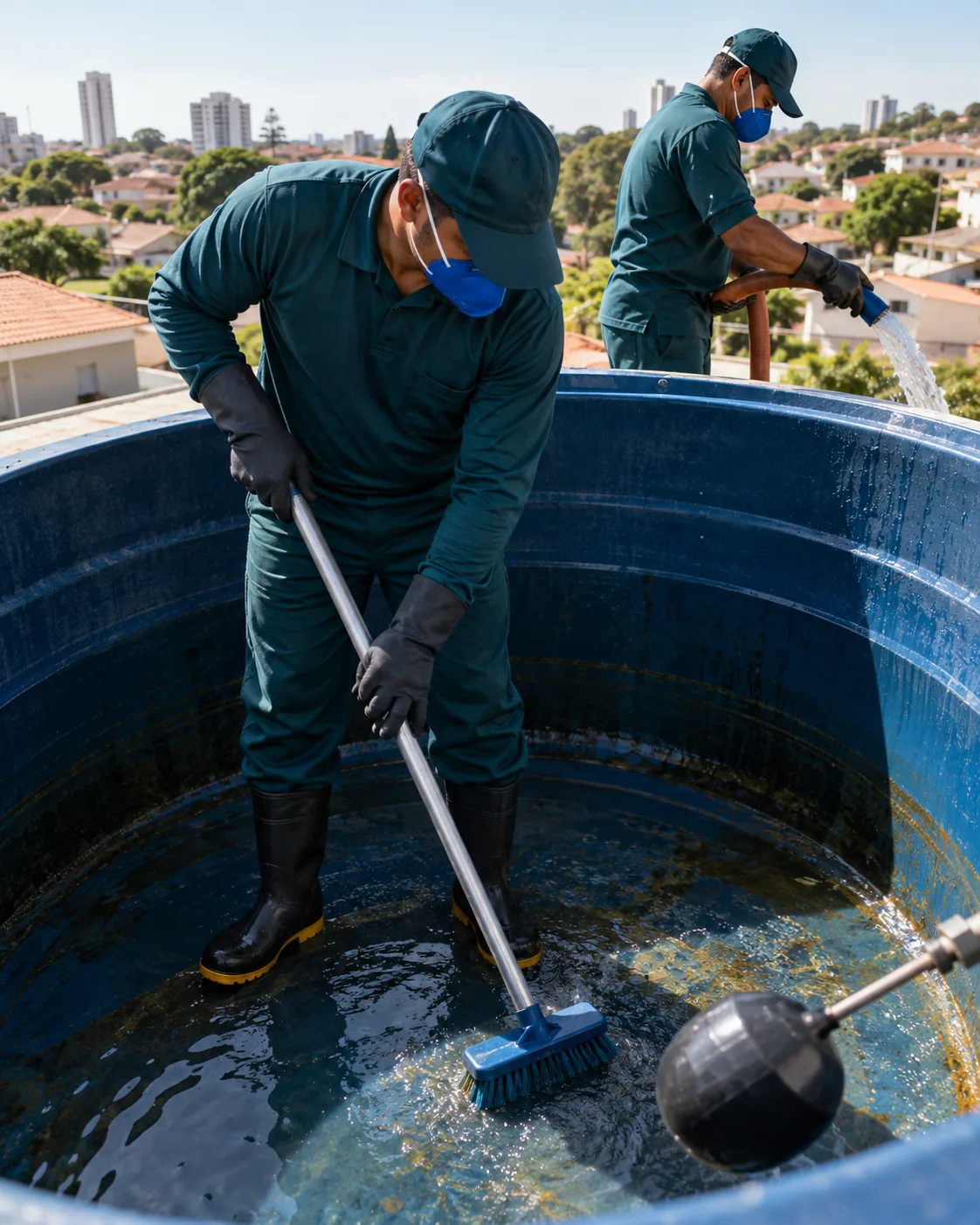 Profissional uniformizada realizando limpeza de caixa d’água