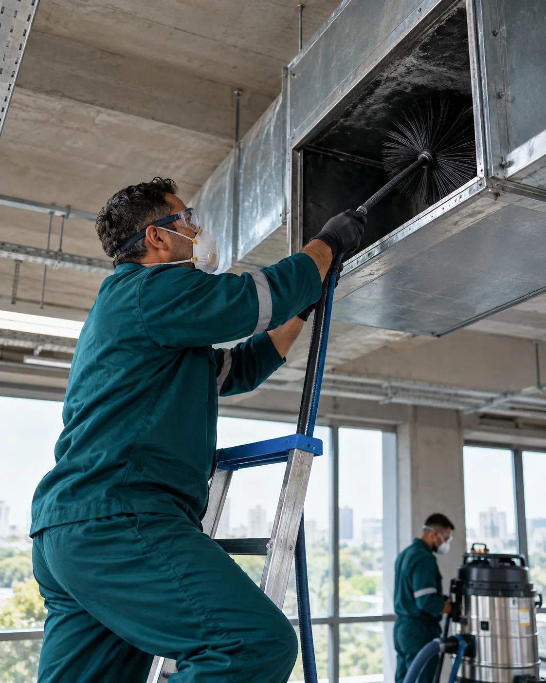 Profissional uniformizada realizando limpeza de dutos de ar