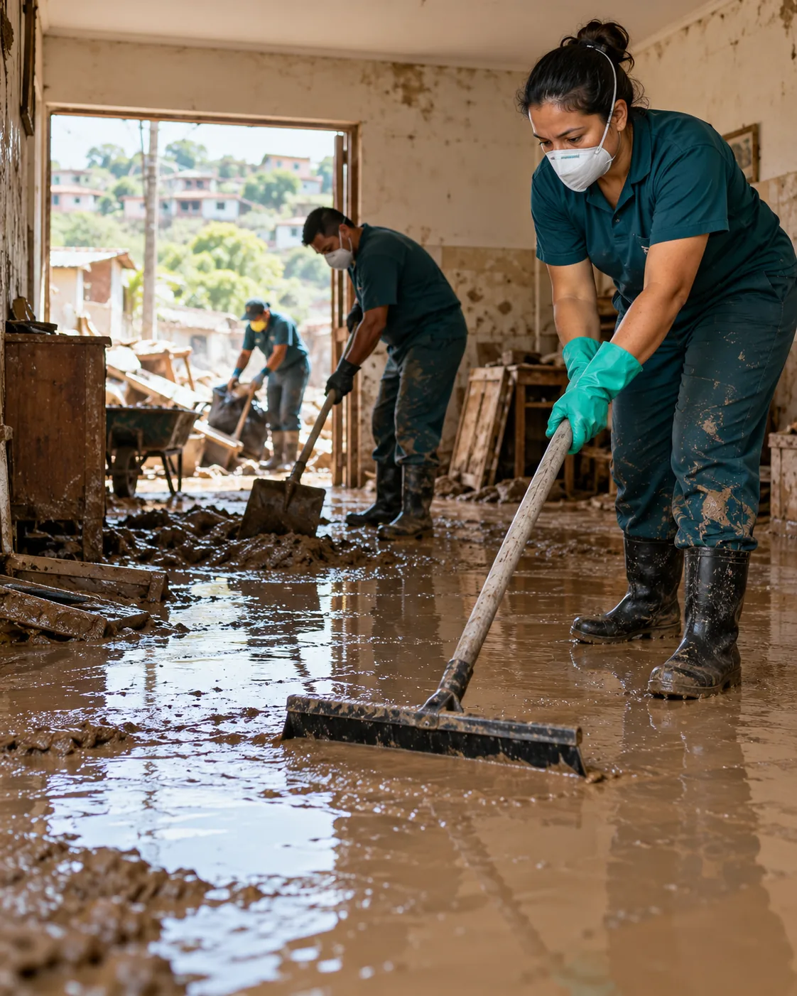 Profissional uniformizada realizando limpeza pós-enchente