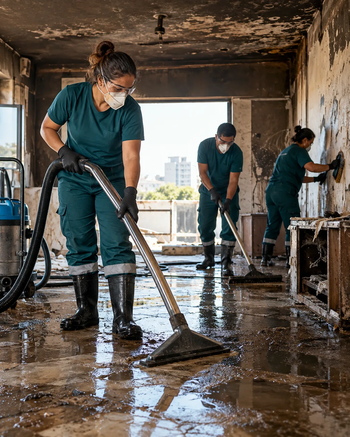 Profissional uniformizada realizando limpeza pós-sinistro