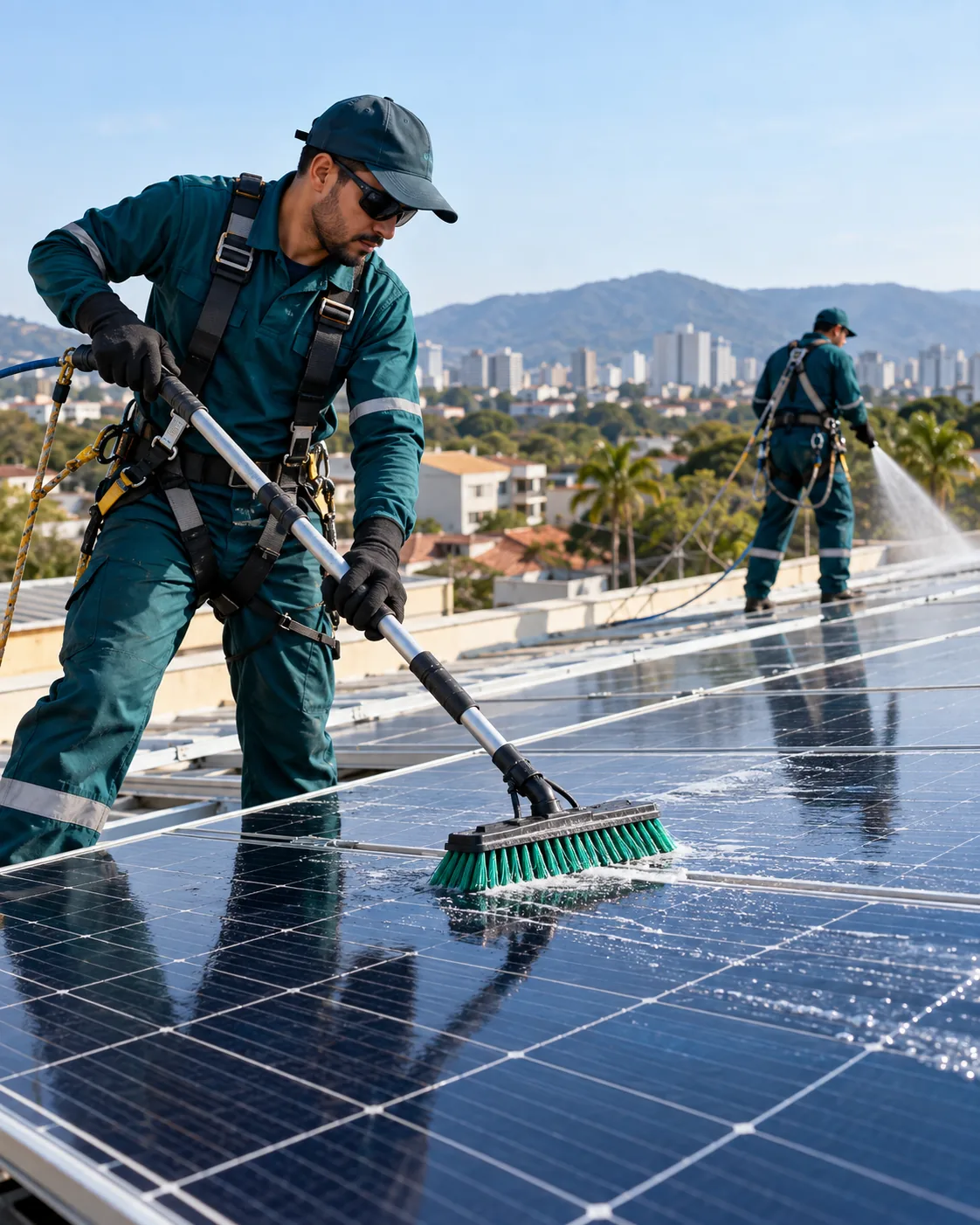 Profissional uniformizada realizando limpeza de placas solares