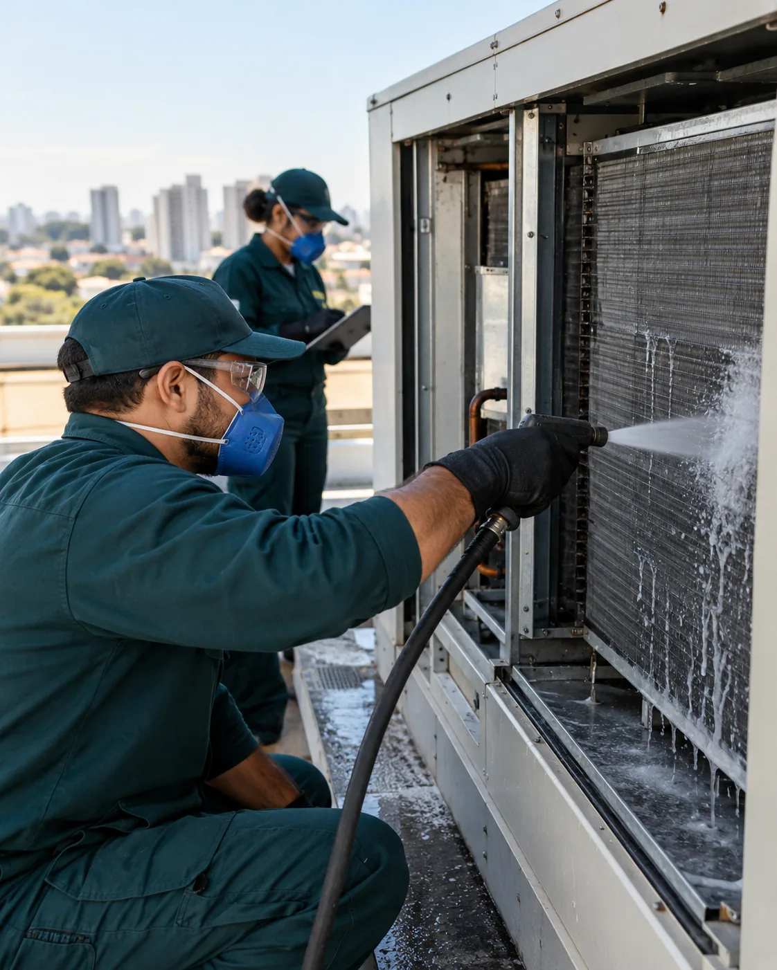 Profissional uniformizada realizando PMOC de ar-condicionado