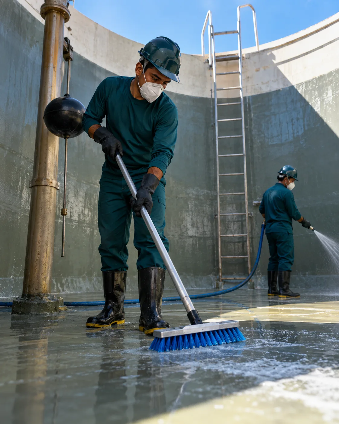 Profissional uniformizada realizando limpeza de reservatório predial
