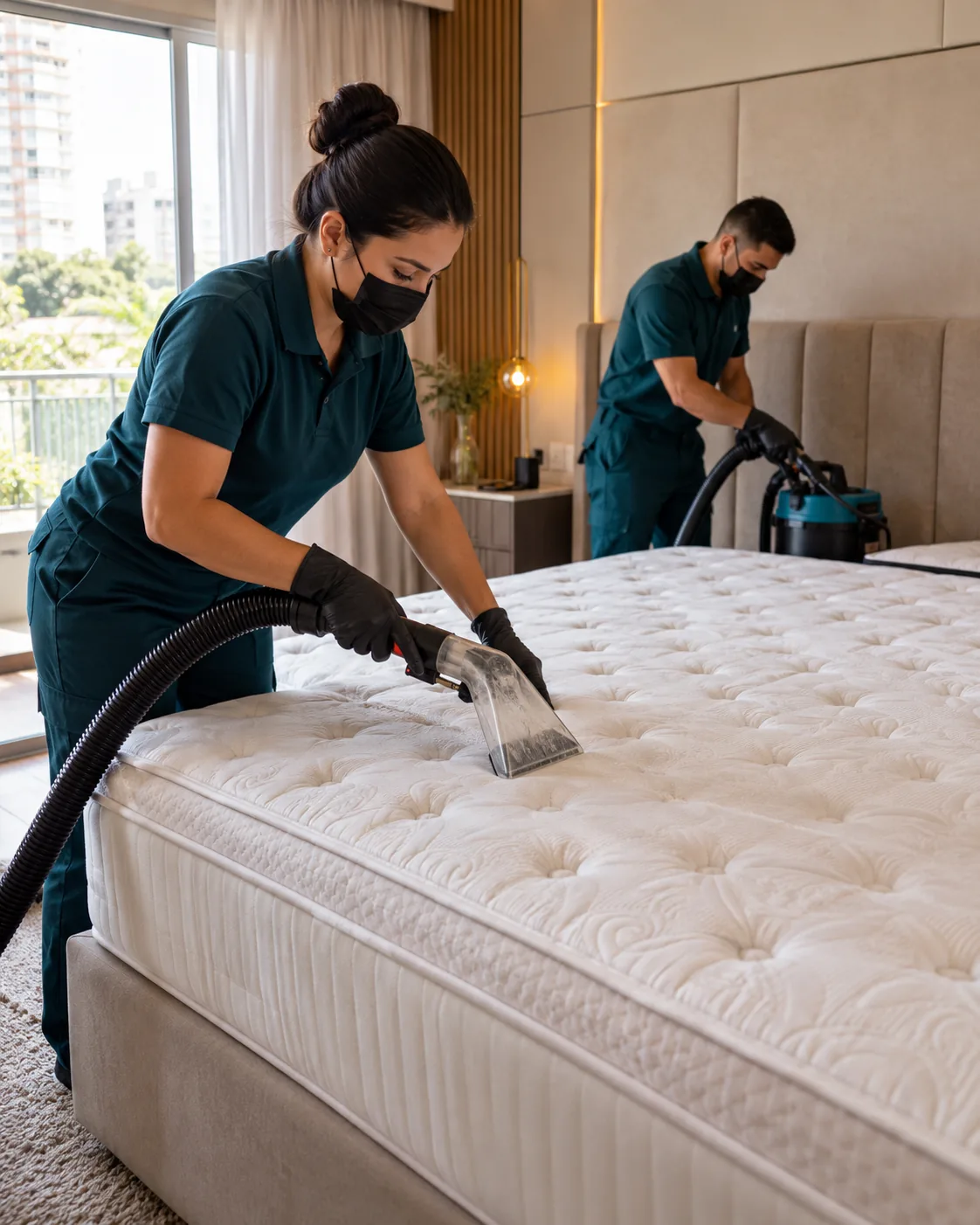Profissional uniformizada realizando higienização de colchão king