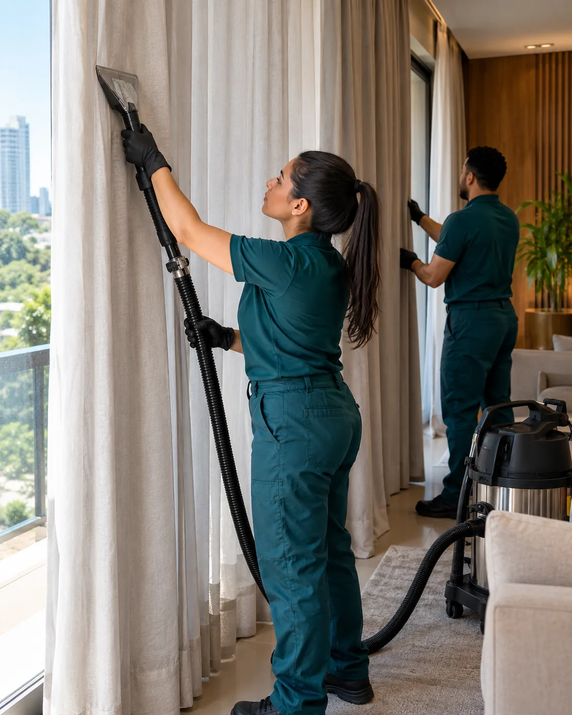 Profissional uniformizada realizando higienização de cortina