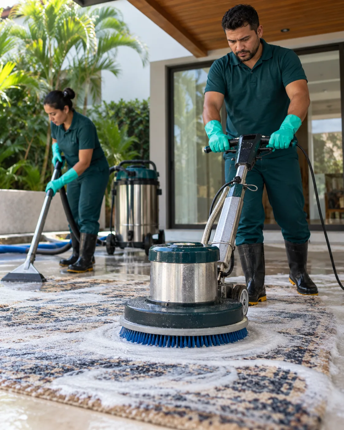 Profissional uniformizada realizando lavagem de tapete