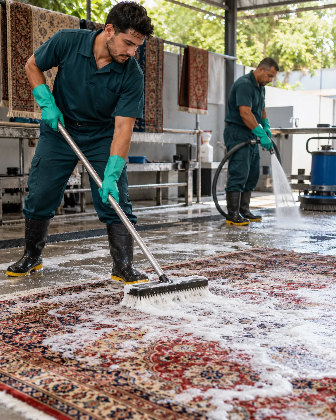Profissional uniformizada realizando lavagem de tapete persa