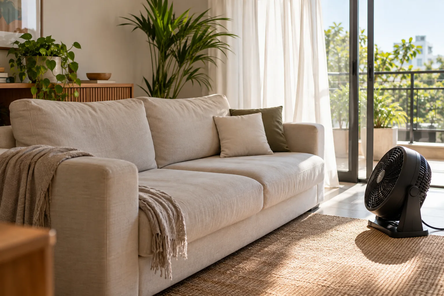 Sofá higienizado secando em ambiente ventilado