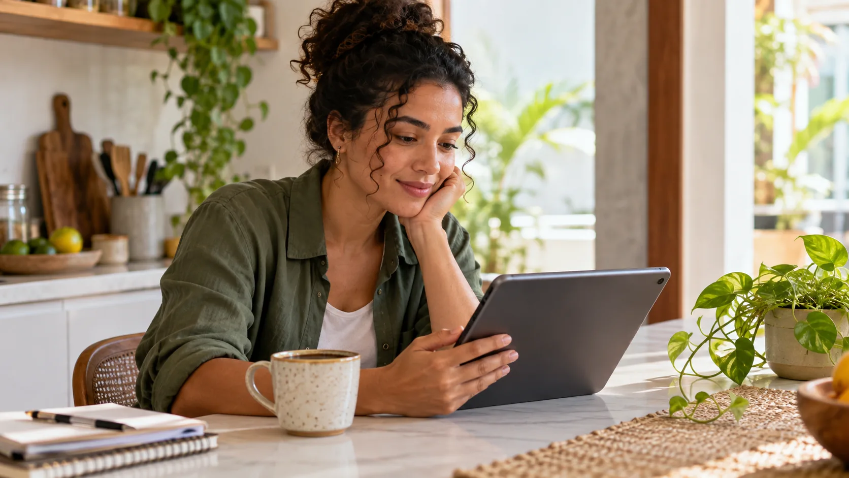 Pessoa lendo guias sobre limpeza em tablet
