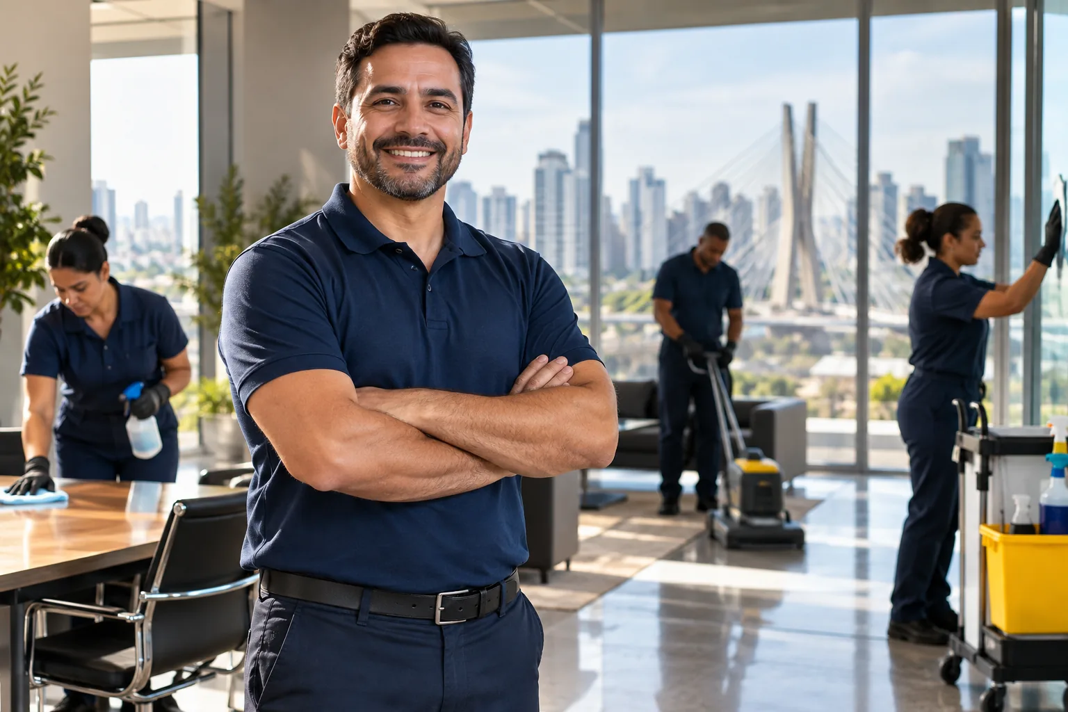 Empresário de empresa de limpeza com equipe profissional ao fundo