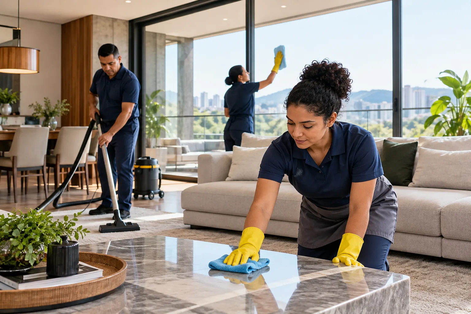 Equipe uniformizada realizando limpeza profissional em ambiente contemporâneo