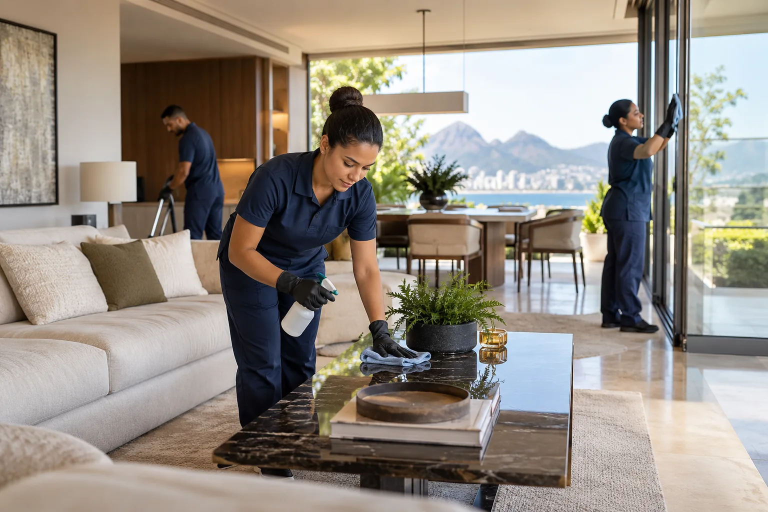 Equipe uniformizada realizando limpeza profissional em ambiente residencial