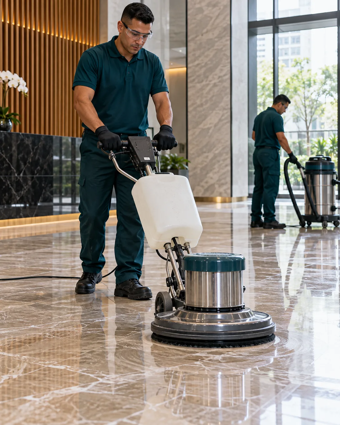 Profissional uniformizada realizando cristalização de piso