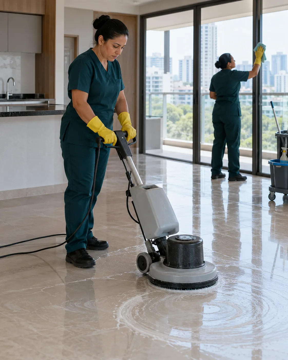 Profissional uniformizada realizando limpeza de entrega de chaves