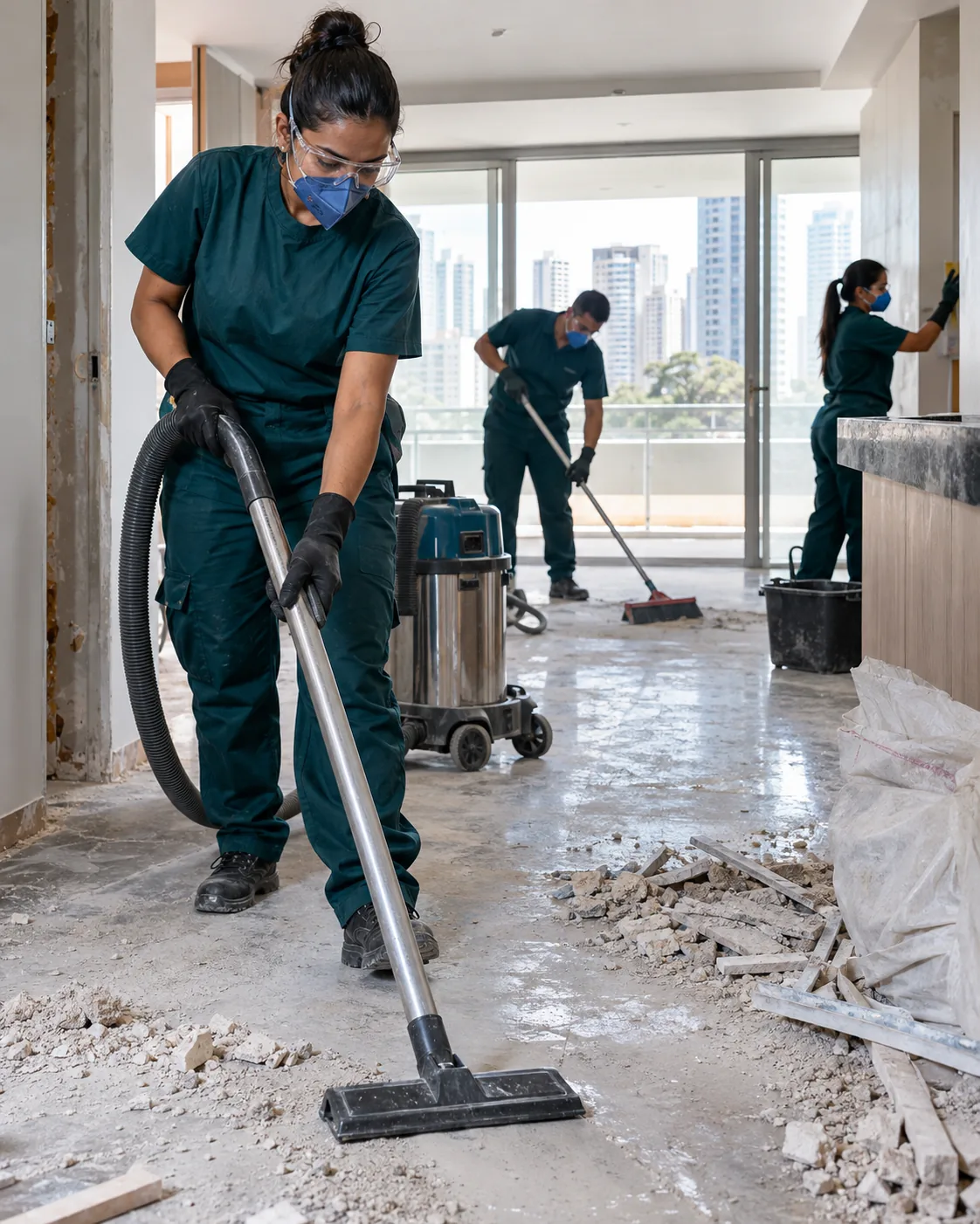 Profissional uniformizada realizando limpeza grossa pós-obra