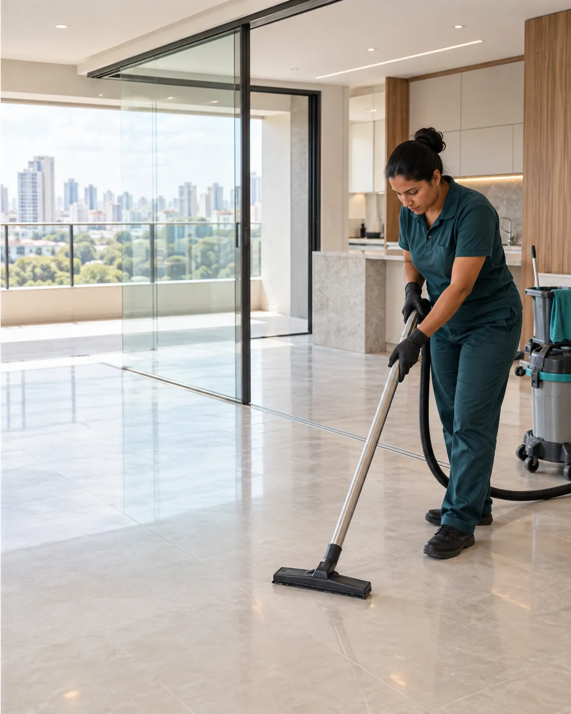 Profissional uniformizada realizando limpeza pós-obra em apartamento recém-reformado