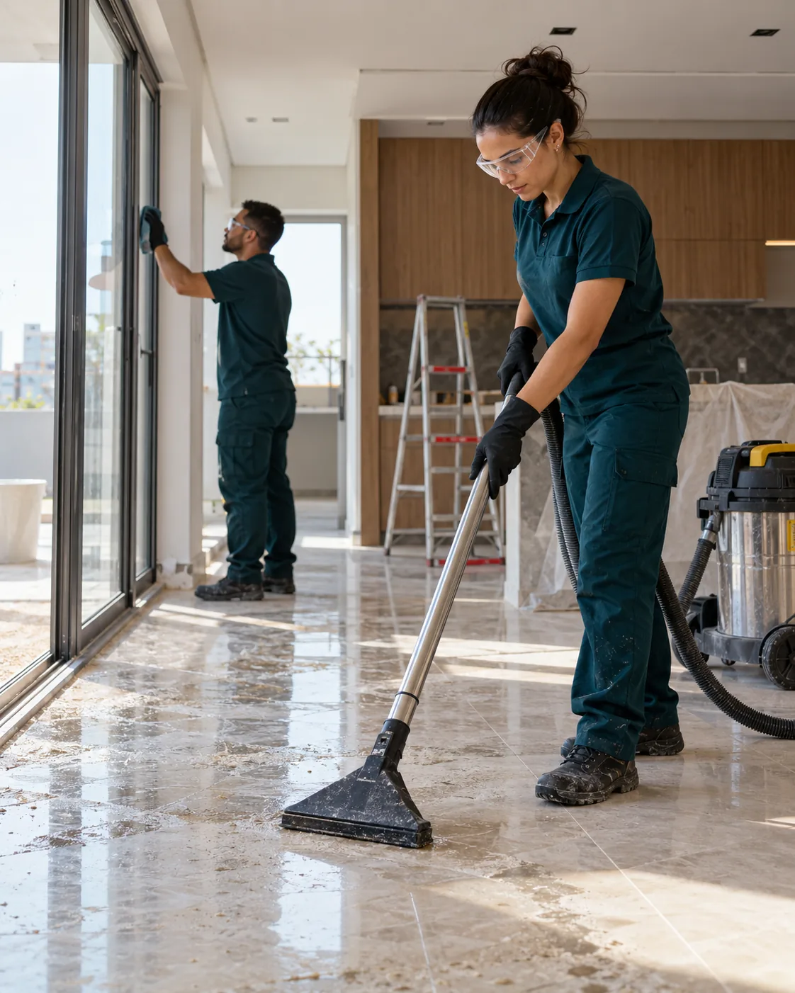 Profissional uniformizada realizando limpeza pós-obra residencial