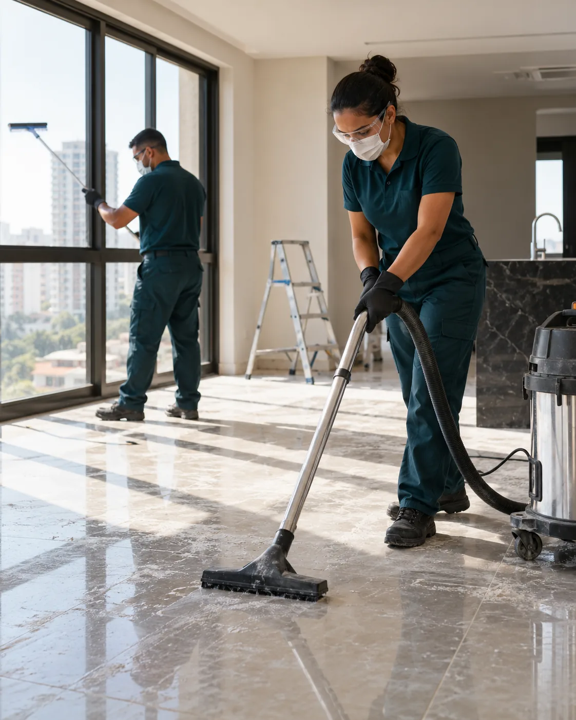 Profissional uniformizada realizando limpeza pós-reforma