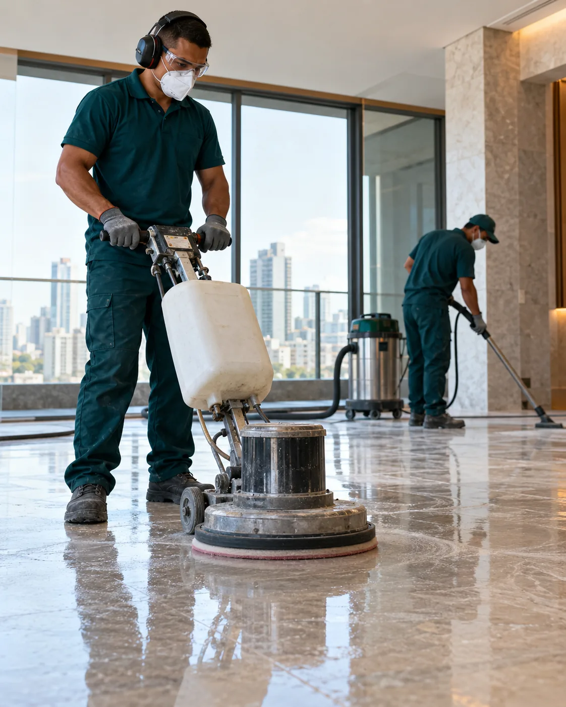 Profissional uniformizada realizando polimento de piso pós-obra